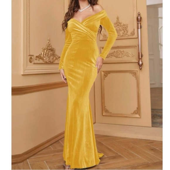 Luxe yellow off shoulder party bridesmaids wedding velvet maxi dress - Picture 15 of 16